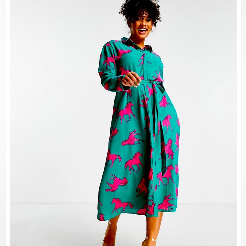 ASOS New never worn Green & Pink horse midi dress